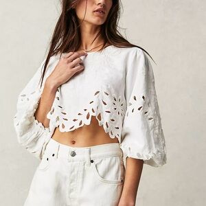 Free People Womens Oleander Embroidered Eyelet Scallop Hem Blouse Top Size Large